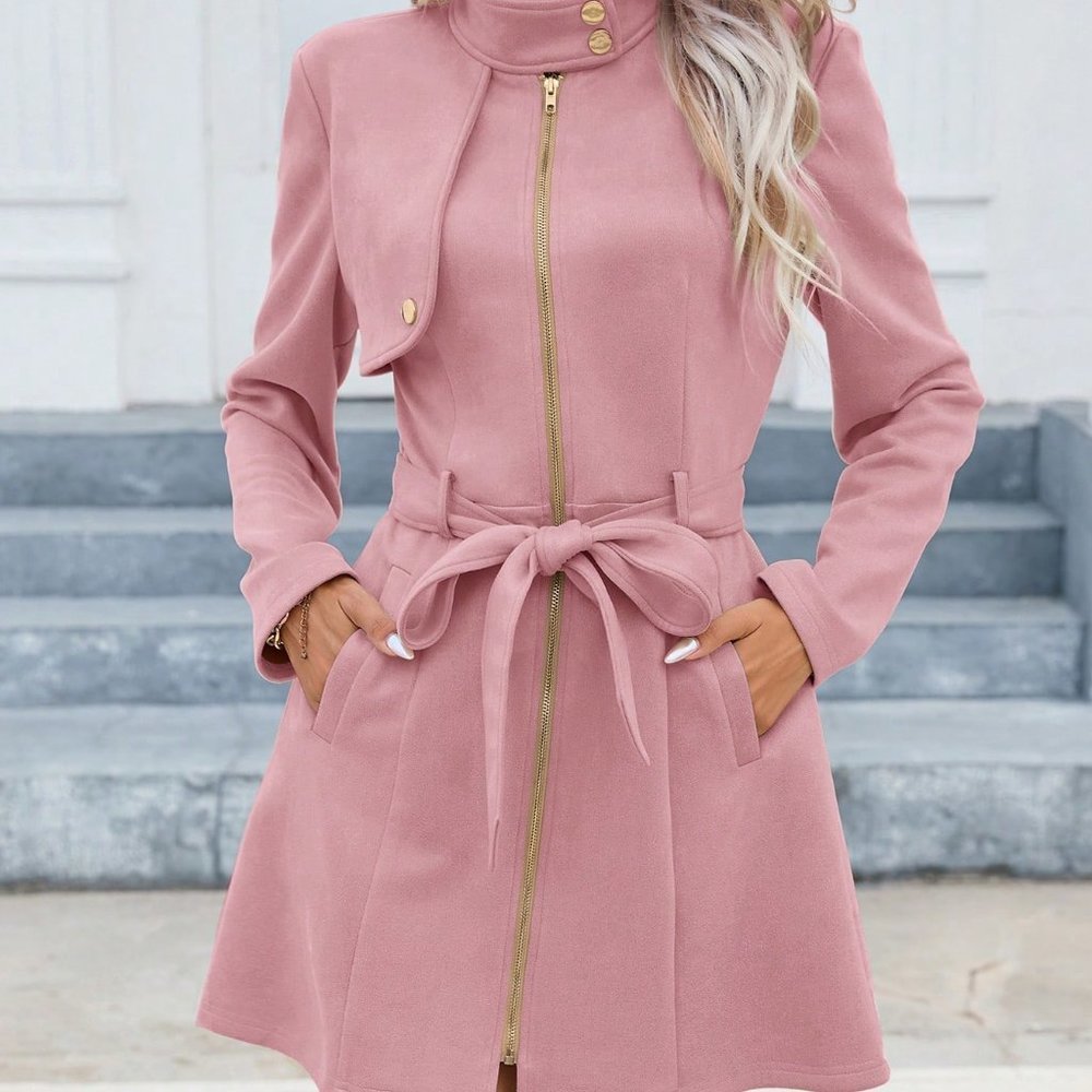 Pink Preppy Womens  Zip Up Belted Coat - Picture 4 of 6